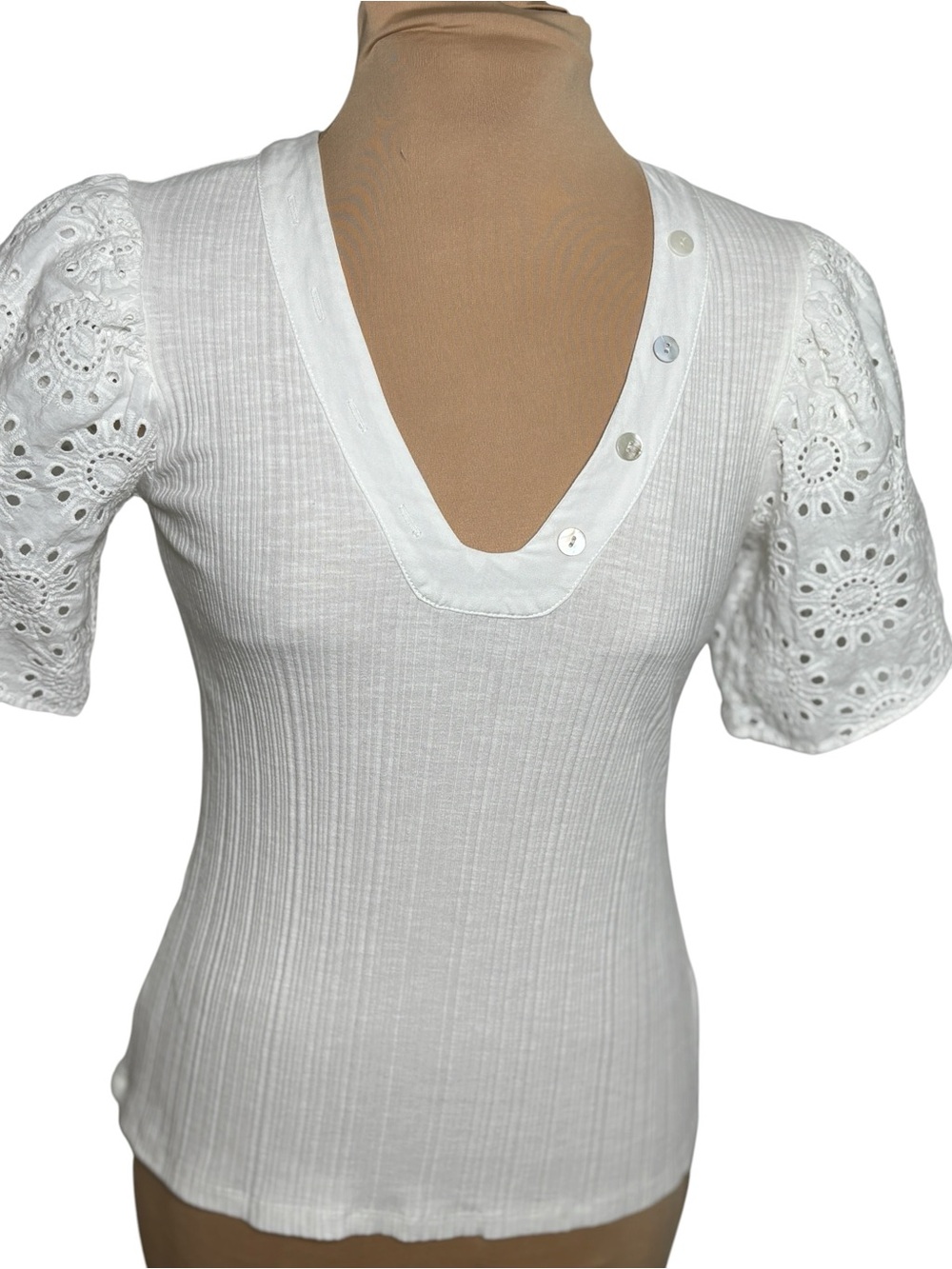 Porridge Anthropologie White Ribbed Eyelet Sleeve Top XS